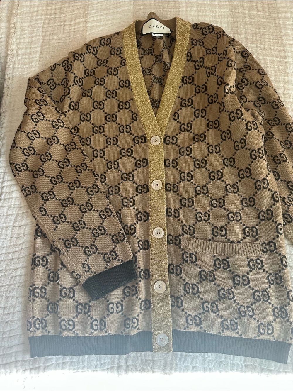 Gucci Beige GG-Logo V-Neck Cardigan with Gold Trim - Picture 2 of 4